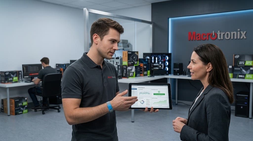 Macrotronix technician talking with a client