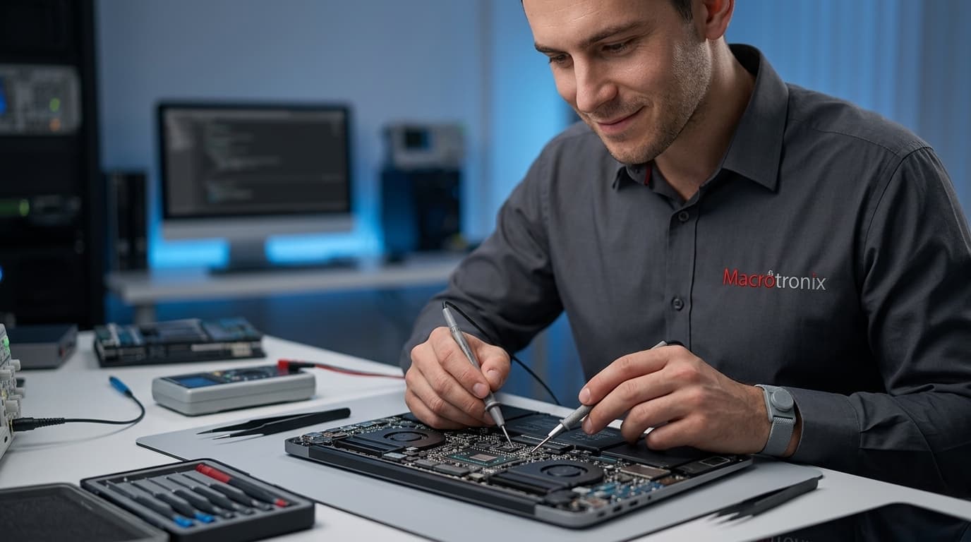Technician repairing a laptop motherboard