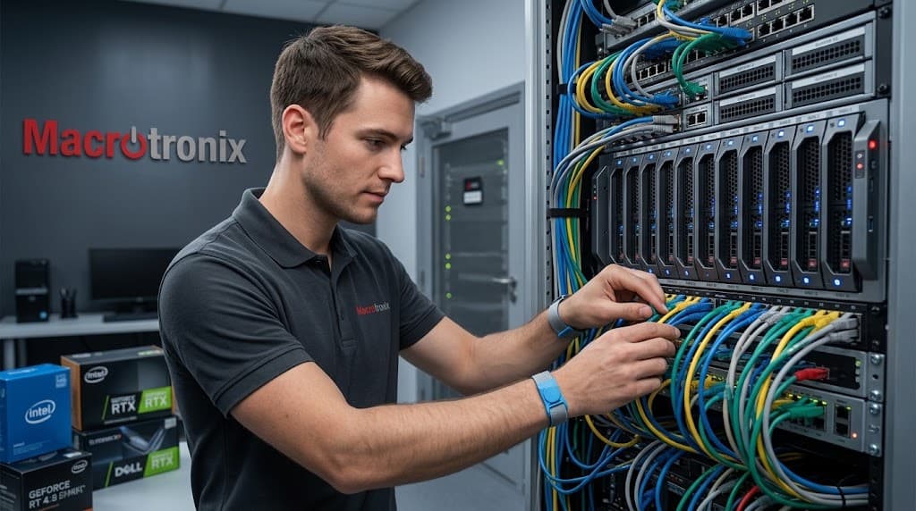 Technician organising network cabling in a server rack
