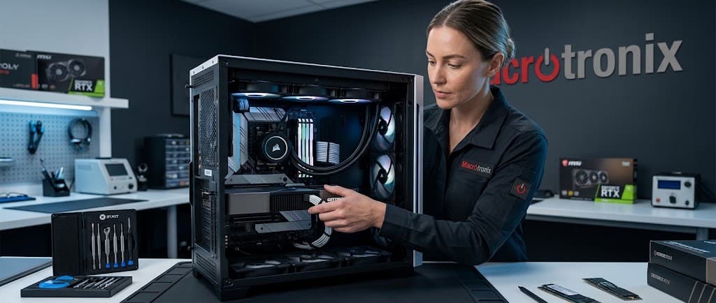 Technician installing a graphics card into a custom PC