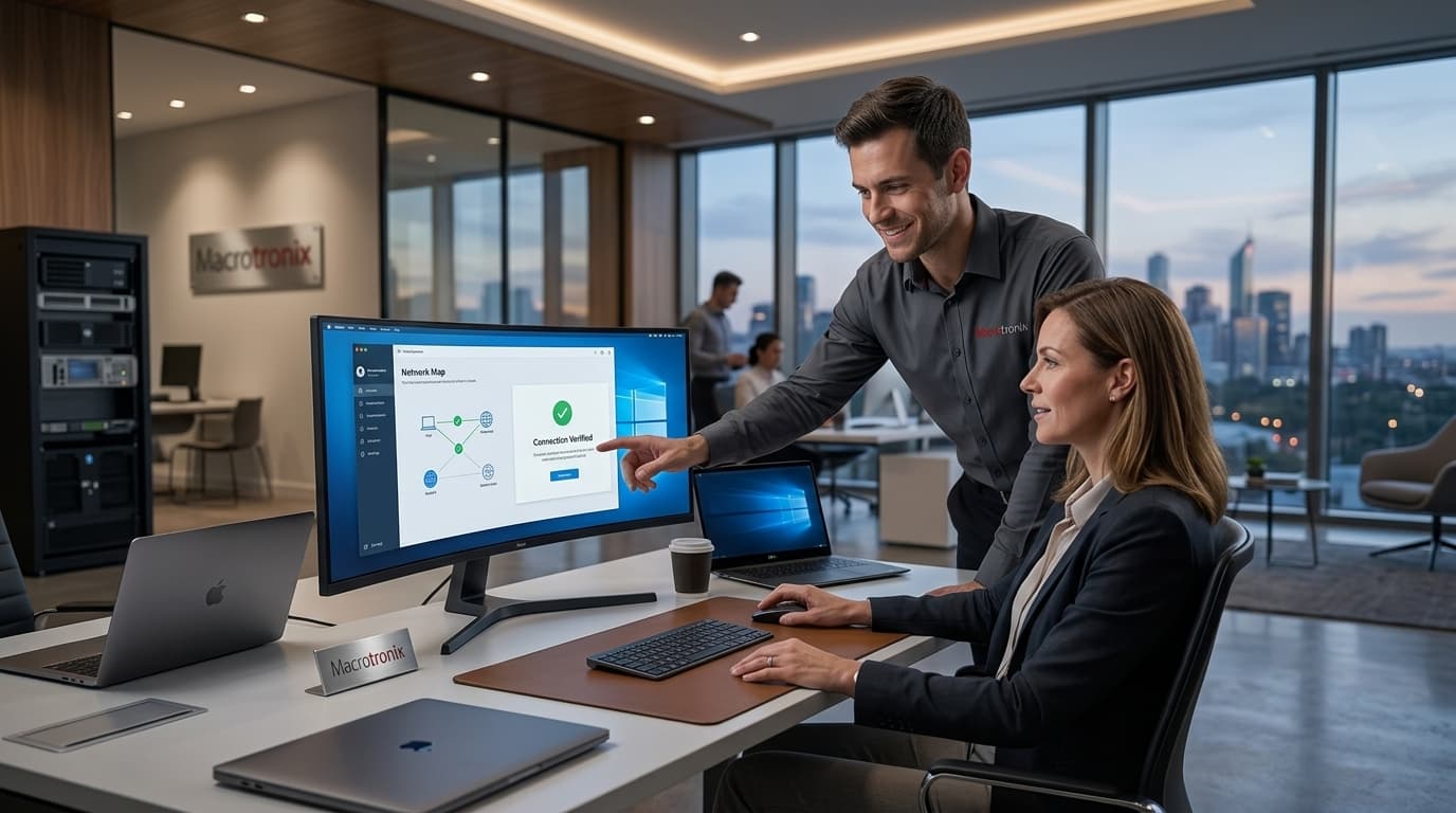 Technician walking a client through their network setup